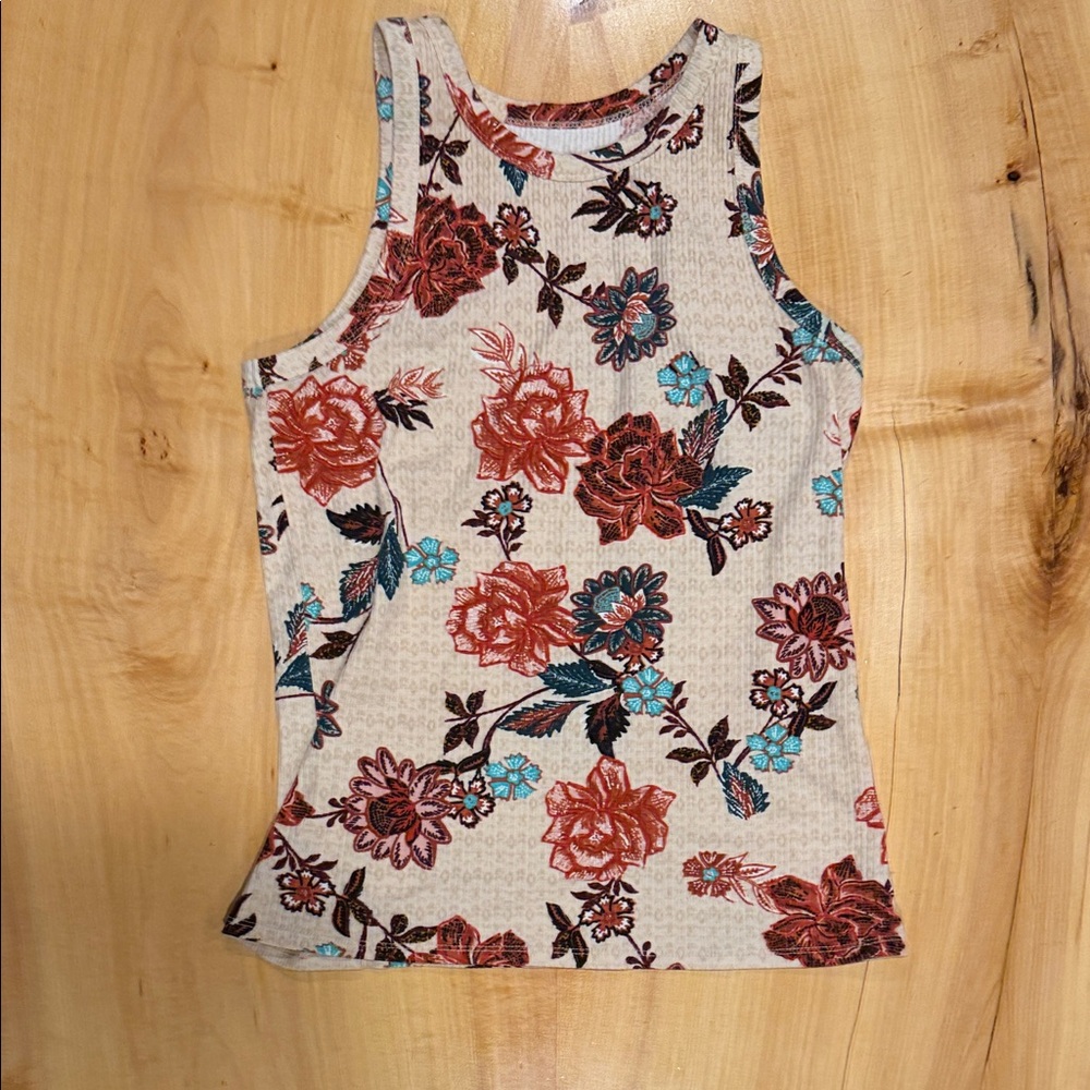 Maurices Floral Tank Top in Tan, Red and Blue